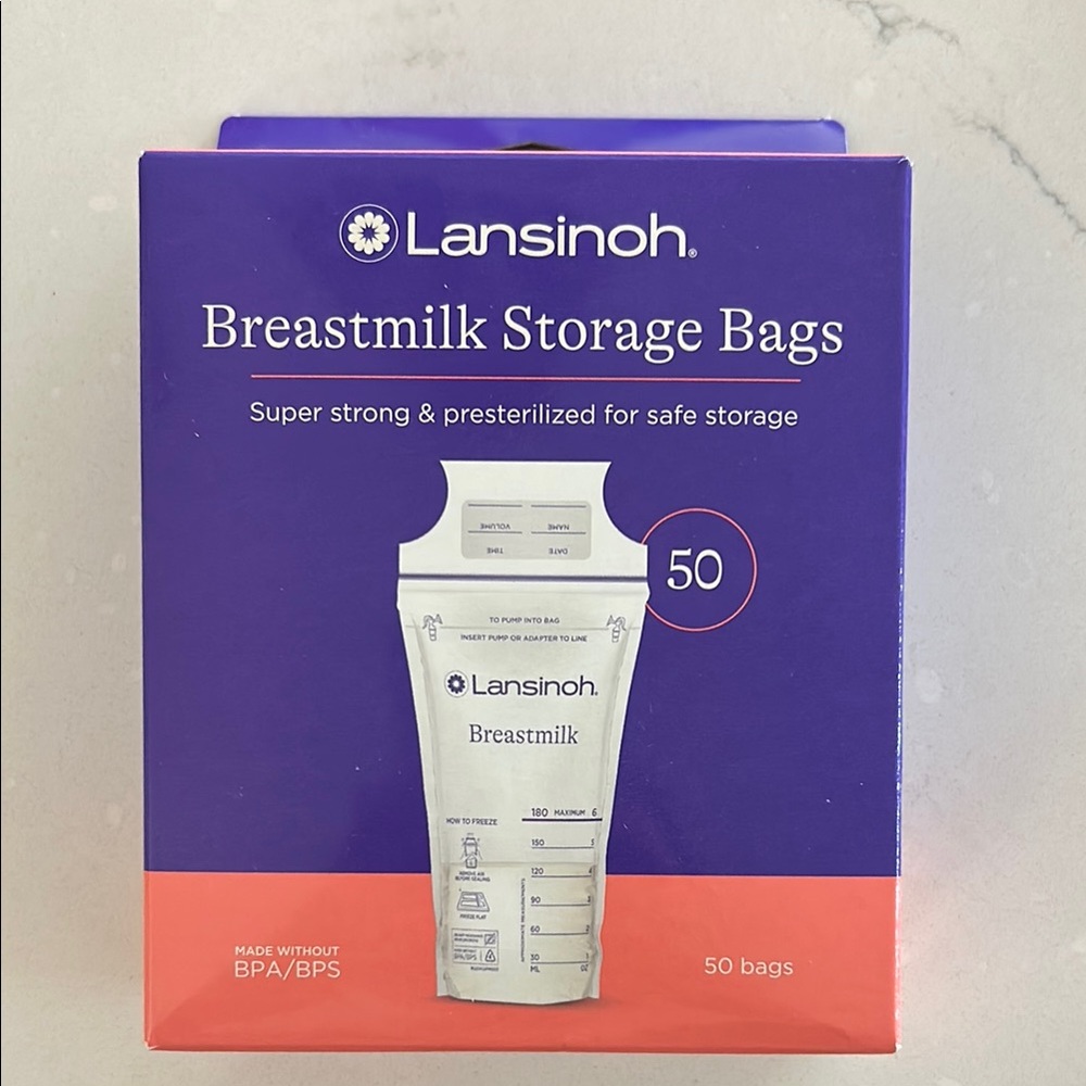 Lansinoh Breastmilk Storage Bags in Purple and Orange Box